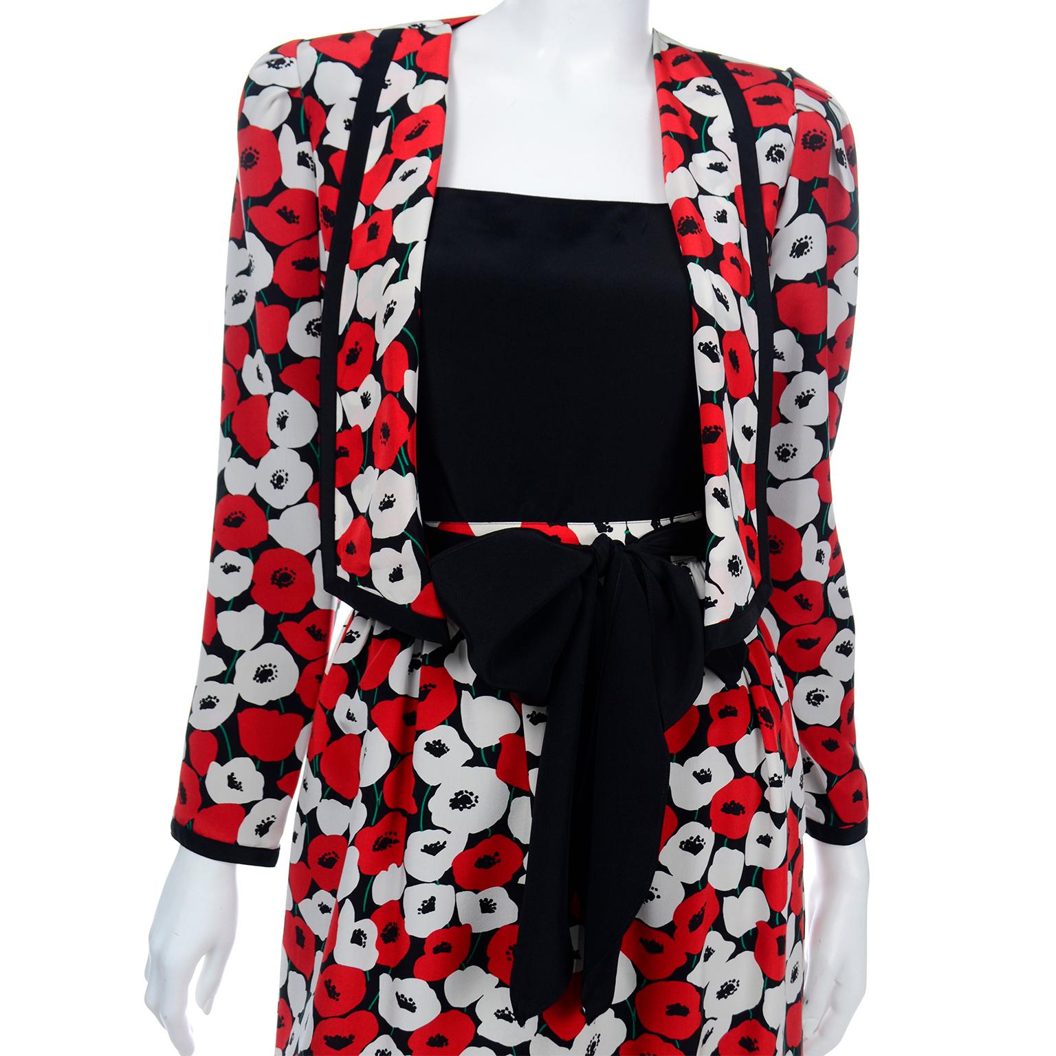 Louis Feraud 4 pc Red Poppy Print Silk Skirt Top and Jacket Suit With Sash Belt 3