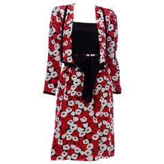 Louis Feraud 4 pc Red Poppy Print Silk Skirt Top and Jacket Suit With Sash Belt