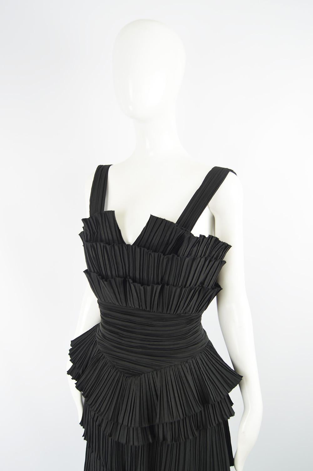 Black Louis Feraud Architectural Vintage Accordion Pleated Tiered Party Dress, 1980s