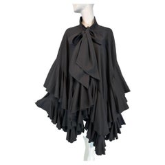 Louis Feraud Black Double Face Wool Tiered, Ruffle Cape Bow Tie, Neck, 1990s
