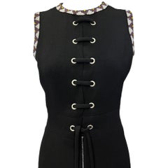 Louis Feraud Black Lace Up Dress with Beaded Trim, 1970s