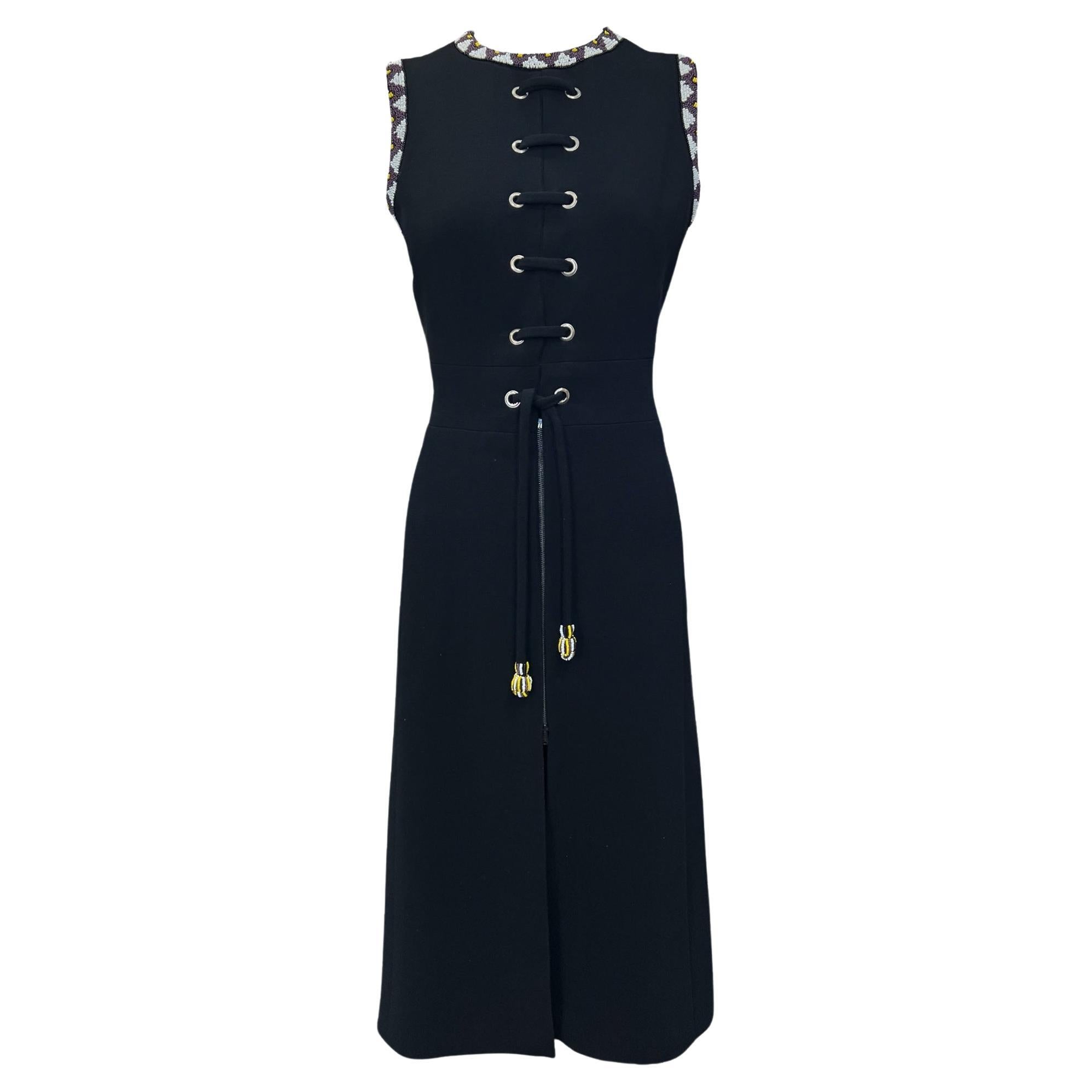 Louis Feraud Black Lace Up Dress with Beaded Trim, 1970s For Sale