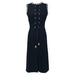 Louis Feraud Black Lace Up Dress with Beaded Trim, 1970s