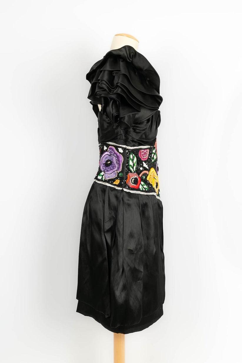 Women's Louis Féraud Black Silk Dress Embroidered with Beads and Sequins For Sale