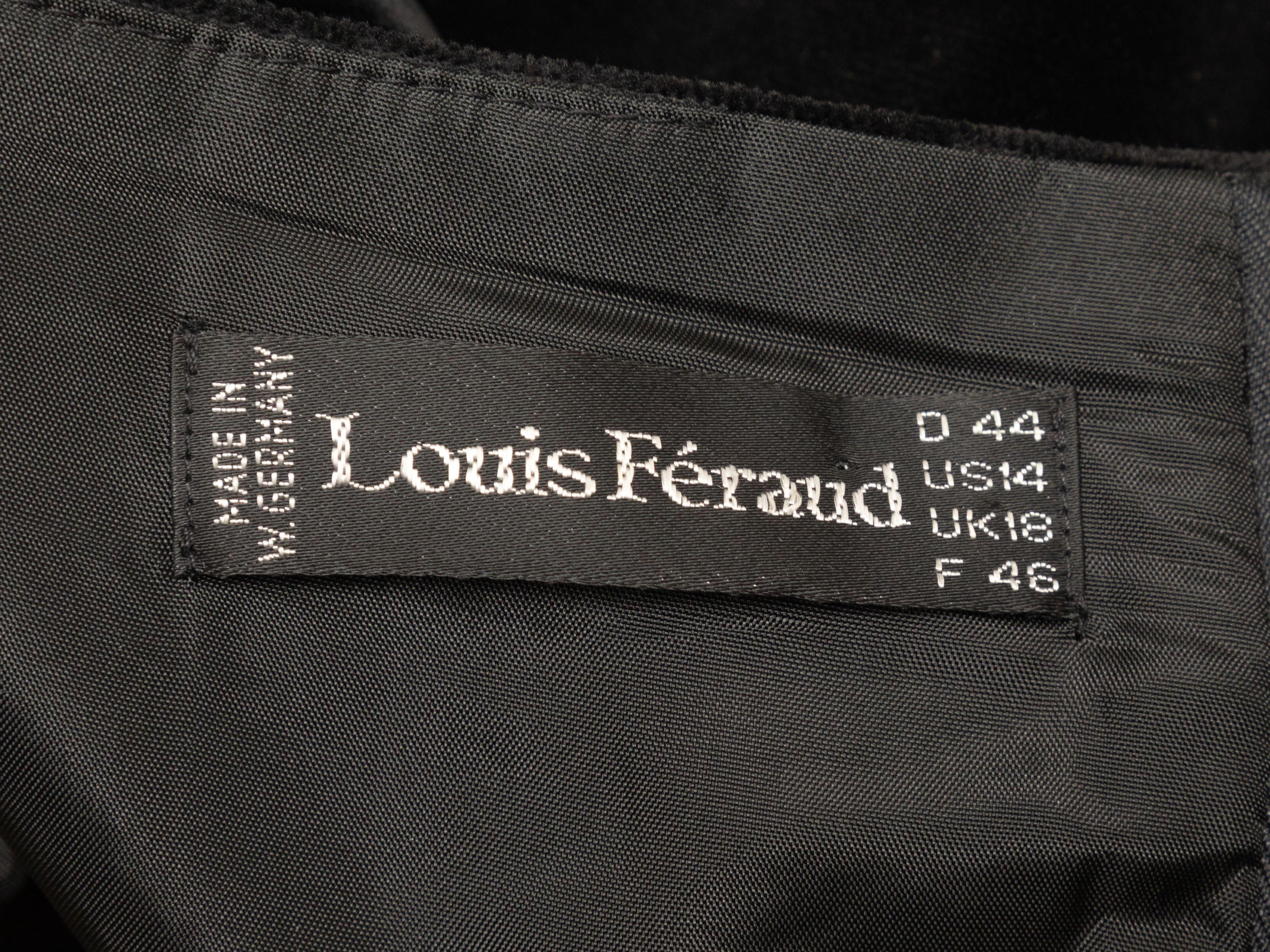 Product Details: Vintage black velvet long sleeve cocktail dress by Louis Feraud. Square neckline. Rosette accents at hem. Zip closure at back. 34
