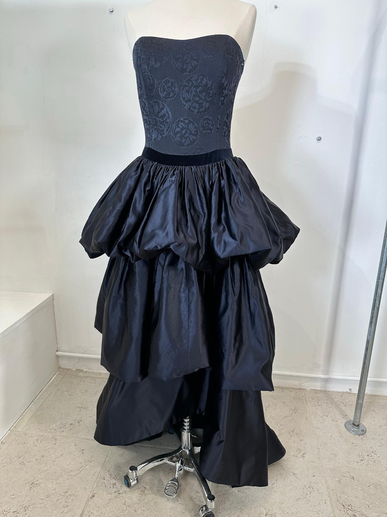Louis Feraud Blue Damask Dark Blue Silk Tiered Poof Evening Gown With Train  For Sale 9