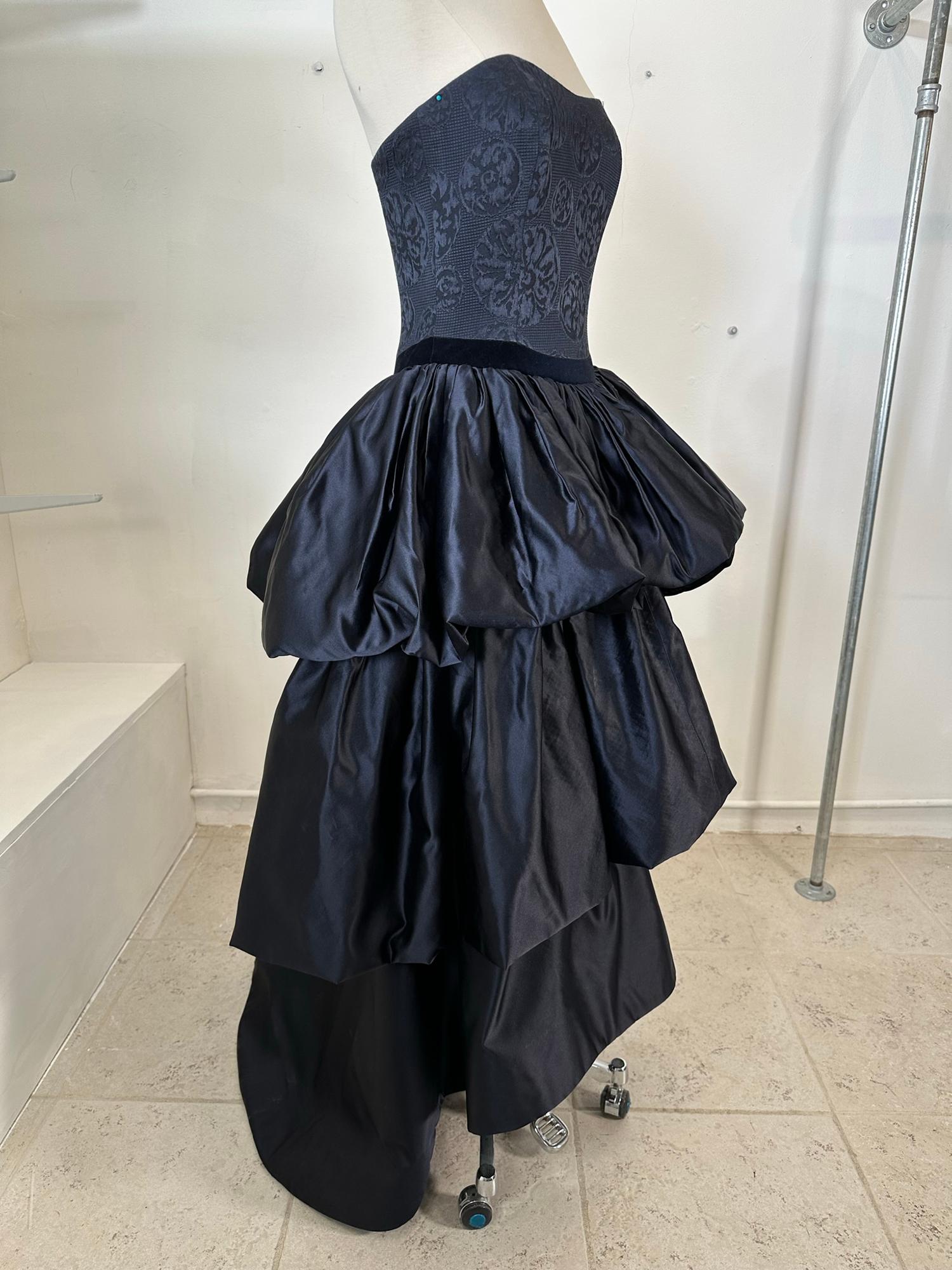 Louis Feraud Blue Damask Dark Blue Silk Tiered Poof Evening Gown With Train  In Good Condition For Sale In West Palm Beach, FL