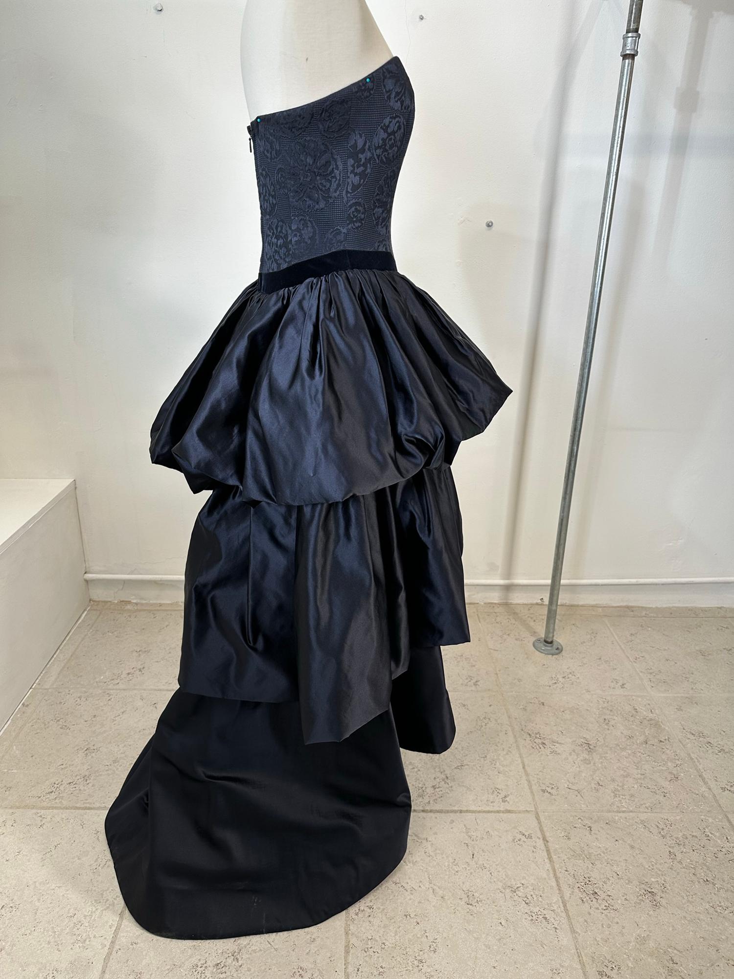 Louis Feraud Blue Damask Dark Blue Silk Tiered Poof Evening Gown With Train  For Sale 1