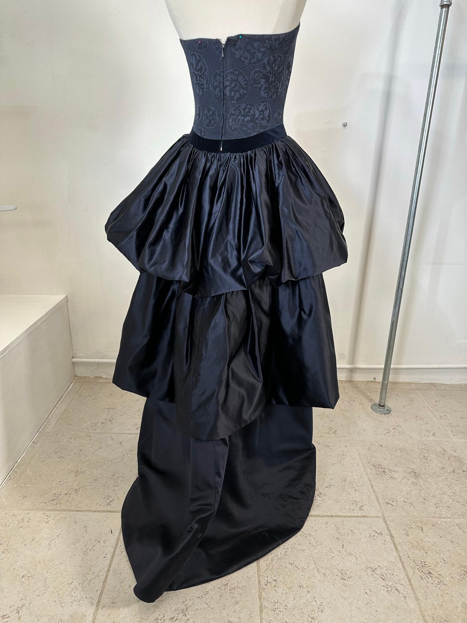 Louis Feraud Blue Damask Dark Blue Silk Tiered Poof Evening Gown With Train  For Sale 2
