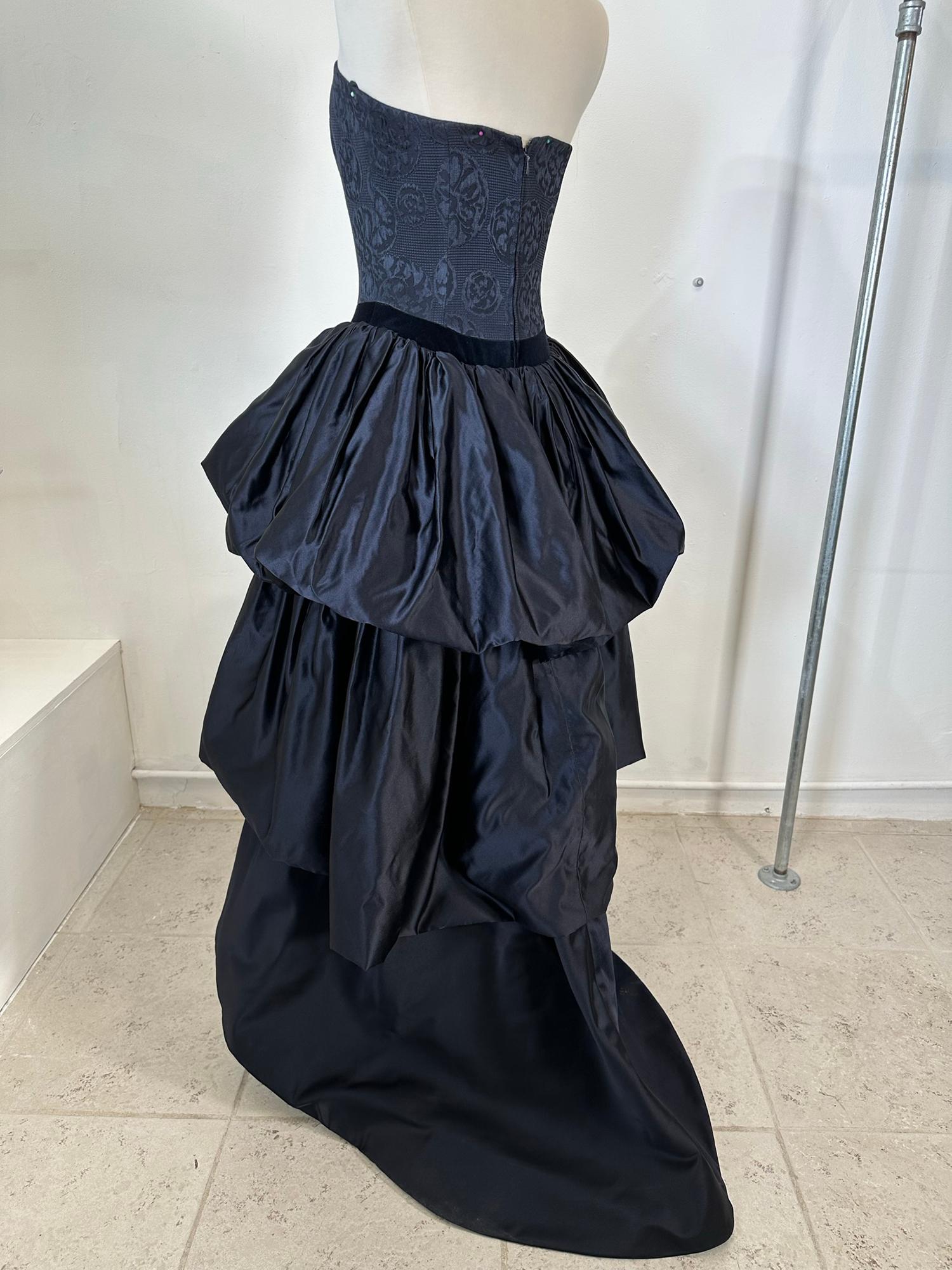 Louis Feraud Blue Damask Dark Blue Silk Tiered Poof Evening Gown With Train  For Sale 4