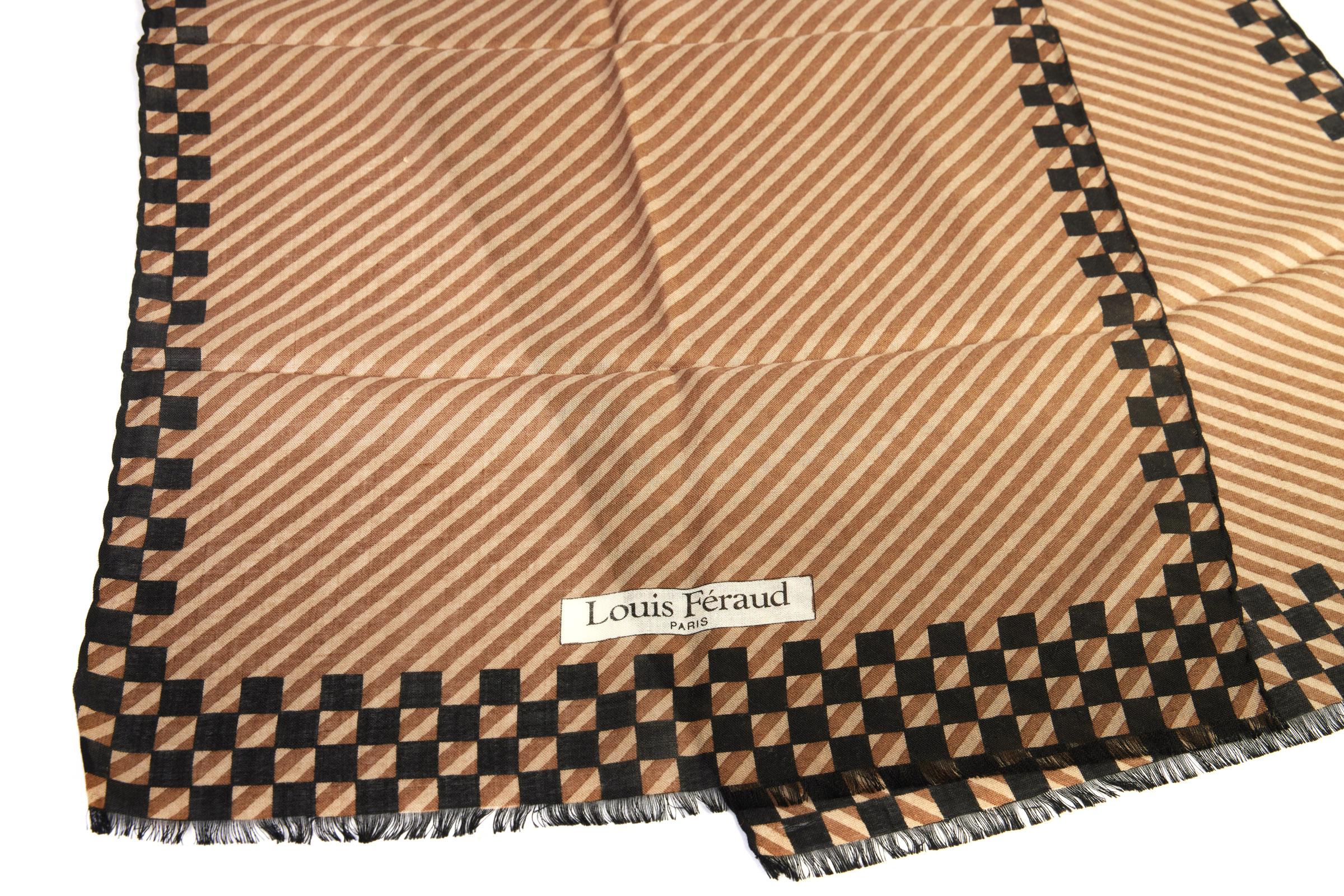 Louis Feraud Paris wool vintage scarf. Black and brown striped and checkers combo.