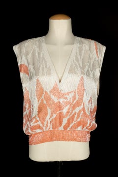 Louis Féraud coral and white pearled top Haute Couture