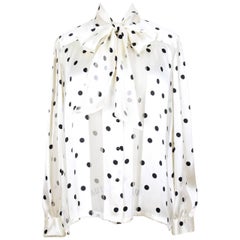Louis Féraud Cream & Black Polka Dot Silk Bow Tie Vintage Blouse, 1980s