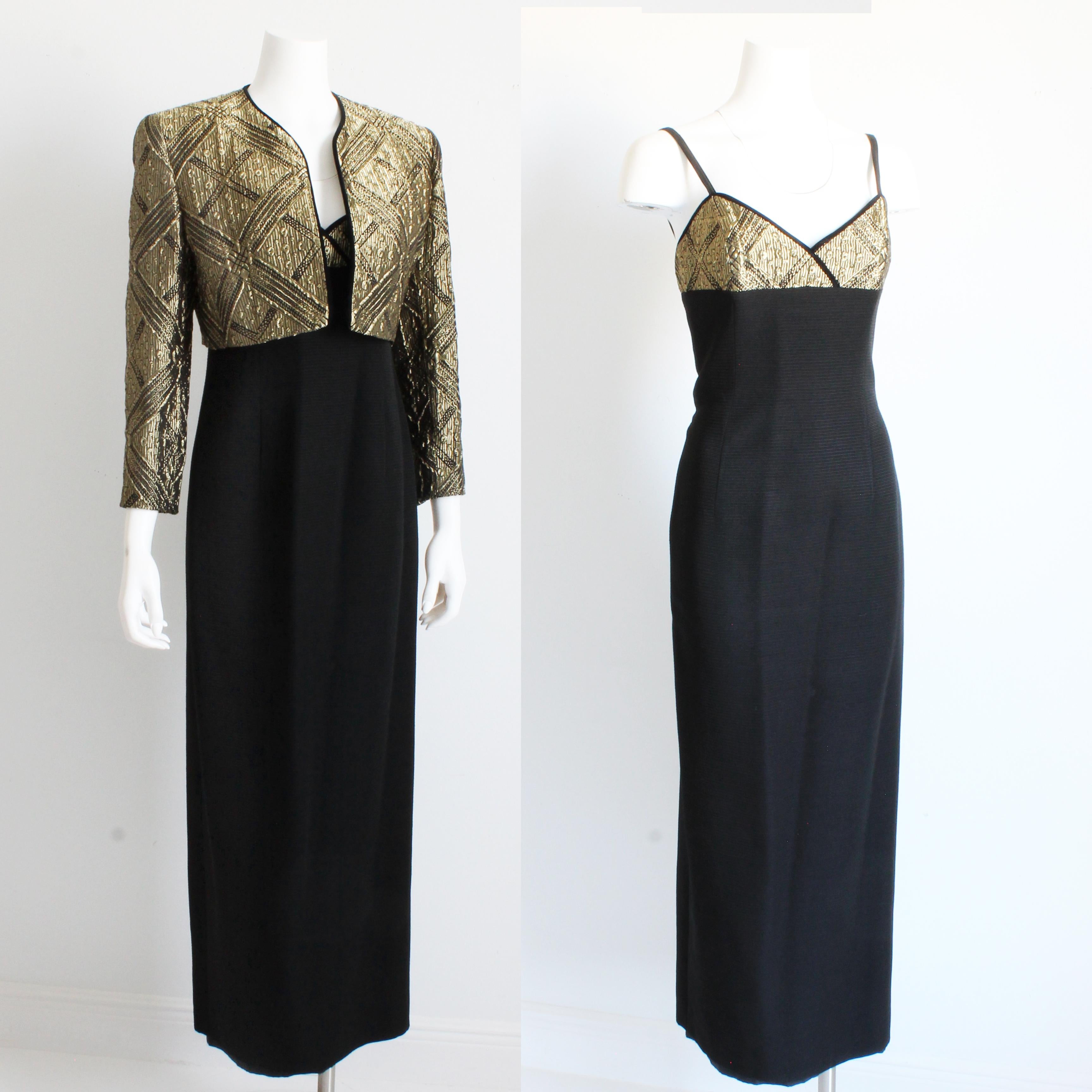 Authentic, preowned, vintage Louis Feraud evening gown and jacket 2pc set, sold by high end boutique Isaacson's in Atlanta, most likely in the early 90s. The open cropped jacket is made from an acetate/polyester/viscose blend fabric in black and