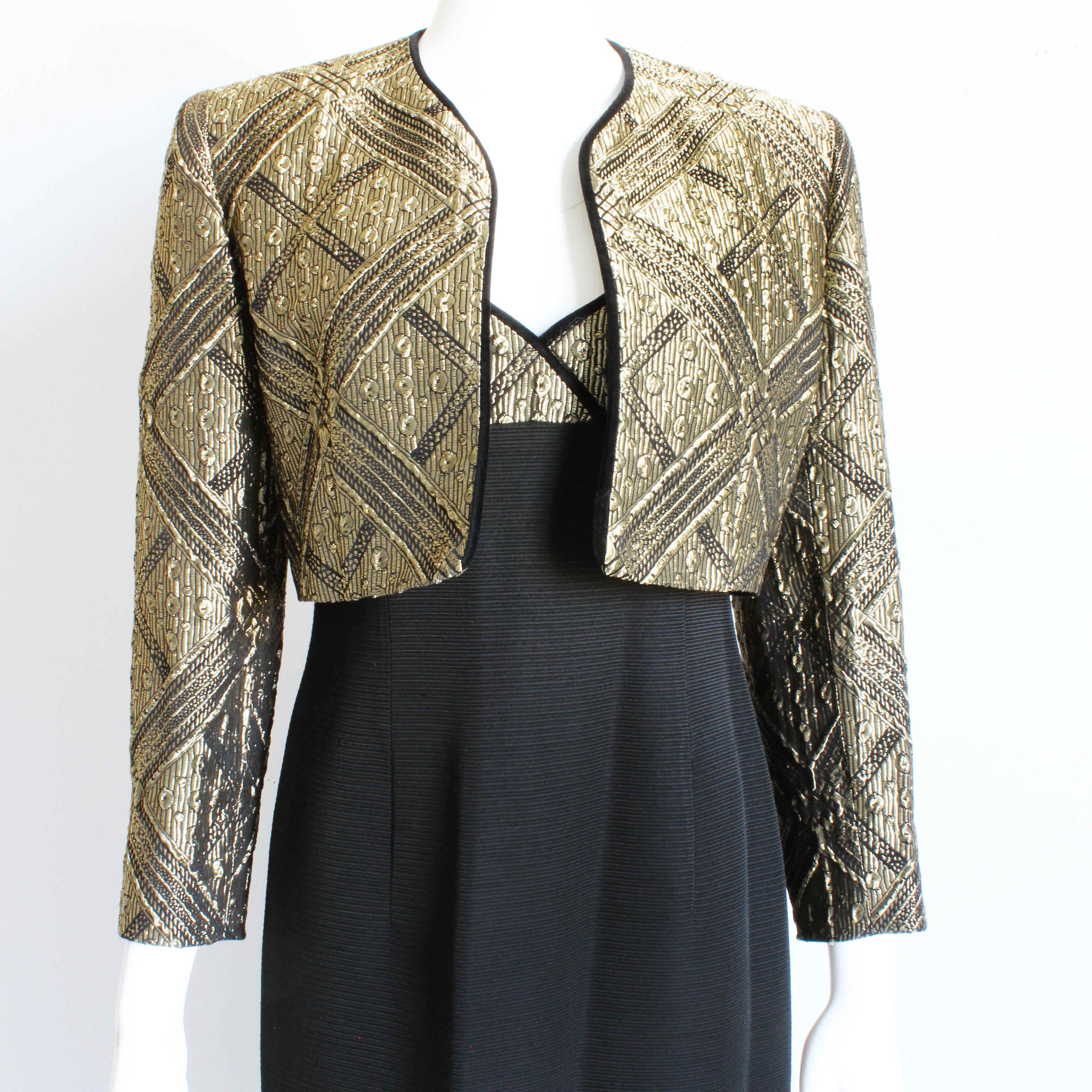 Black Louis Feraud Evening Gown and Jacket 2pc Long Gold Metallic Brocade Vintage 90s For Sale