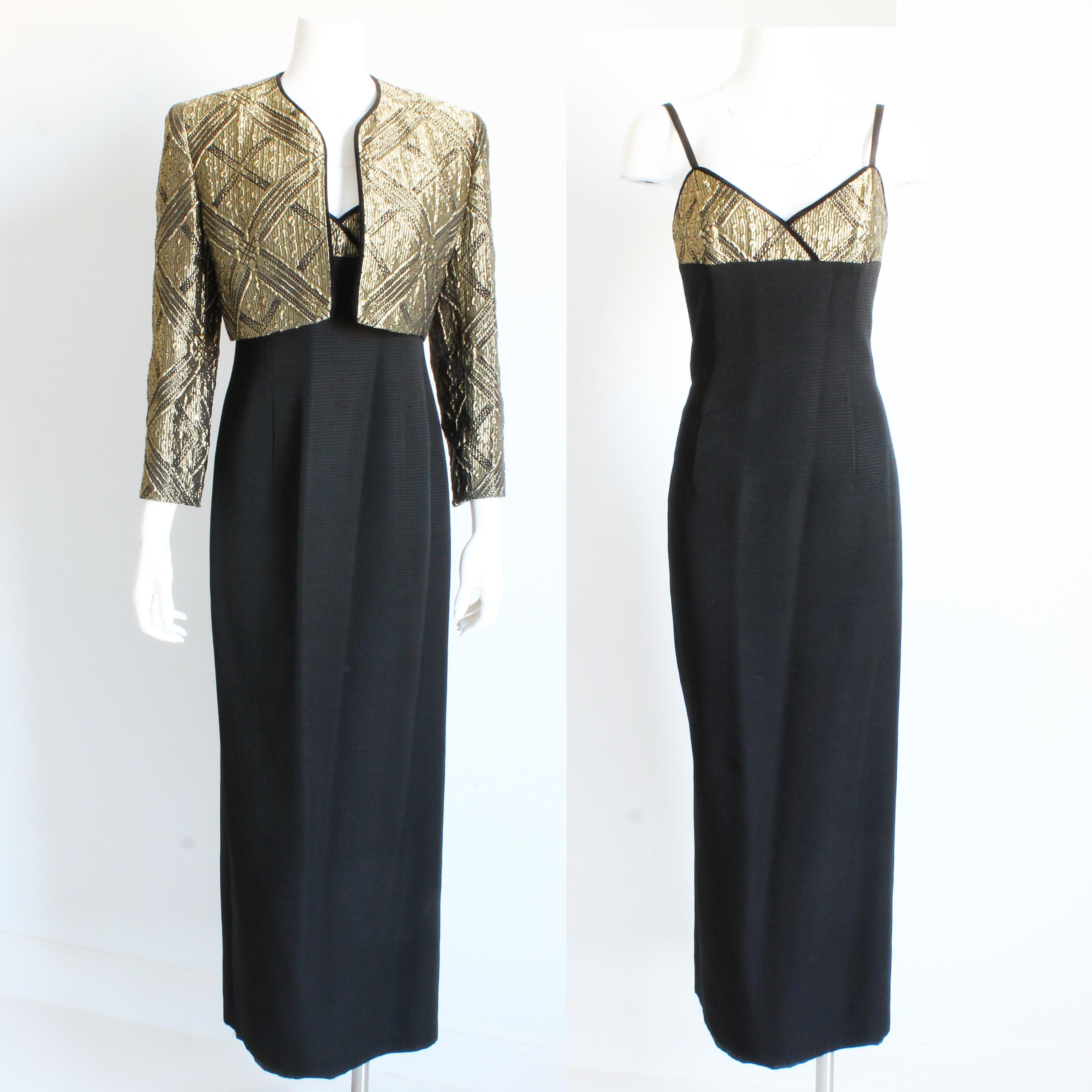 Louis Feraud Evening Gown and Jacket 2pc Long Gold Metallic Brocade Vintage 90s In Good Condition For Sale In Port Saint Lucie, FL