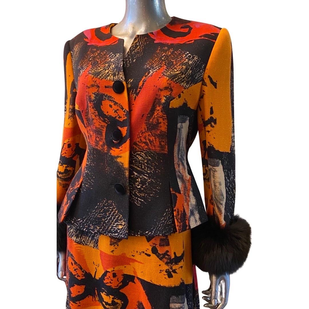 Costume 2 pièces Louis Fraud Allemagne imprimé abstrait métallique avec poignets en fourrure Taille 10 en vente 11