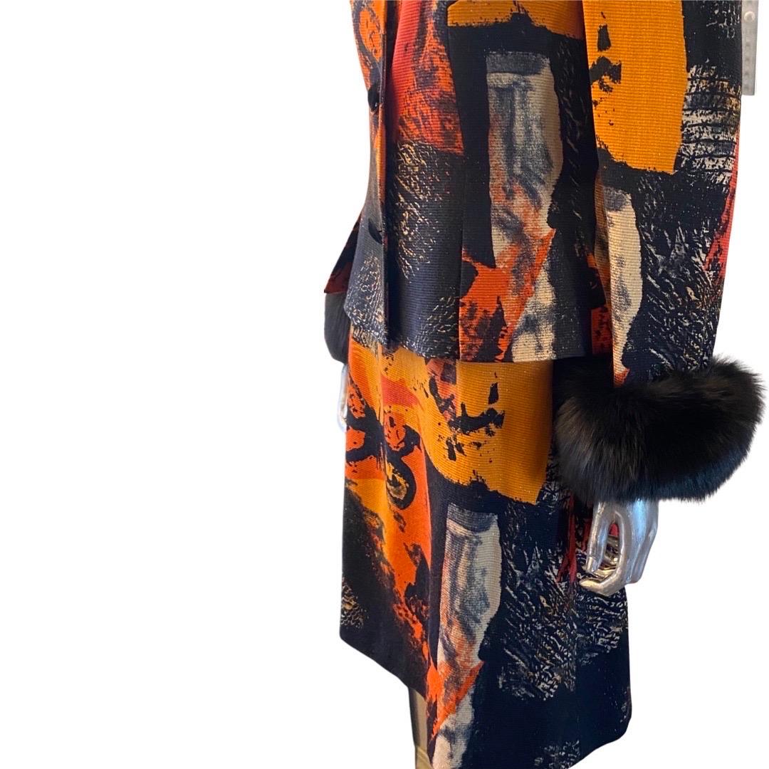 Louis Féraud Germany Metallic Abstract Print 2 PC Suit w’ Fur Cuffs Size 10 For Sale 1