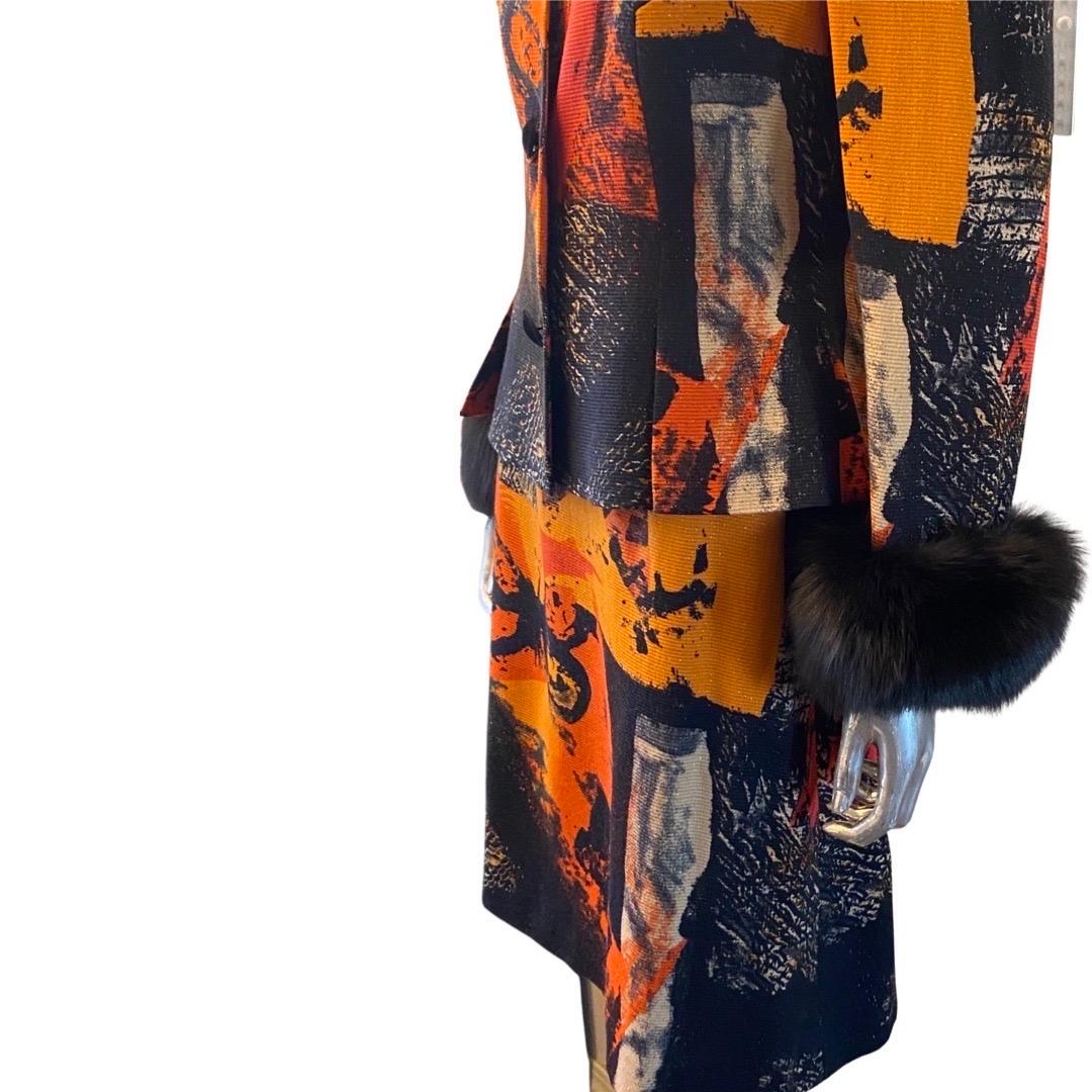 Costume 2 pièces Louis Fraud Allemagne imprimé abstrait métallique avec poignets en fourrure Taille 10 en vente 1