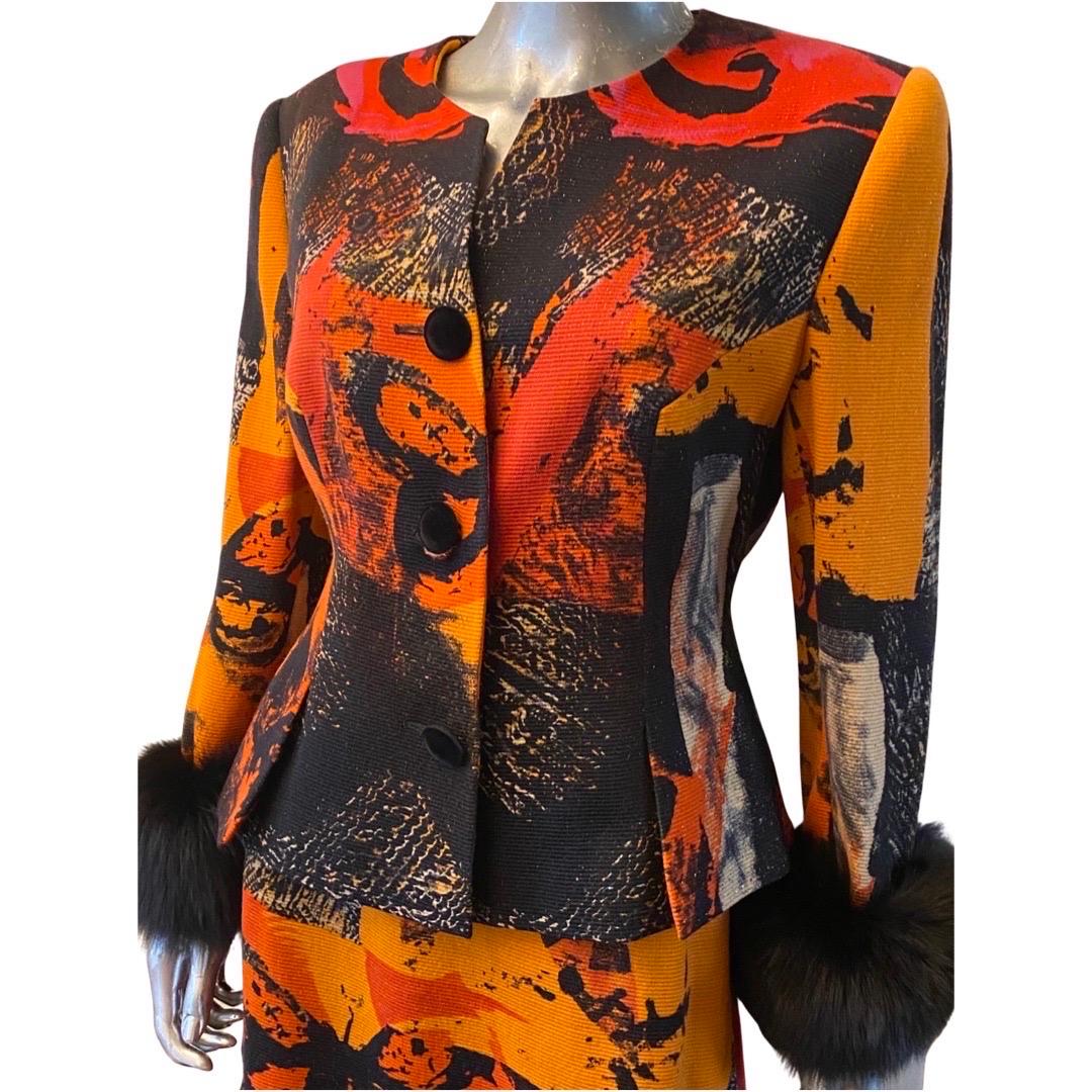 Costume 2 pièces Louis Fraud Allemagne imprimé abstrait métallique avec poignets en fourrure Taille 10 en vente 2