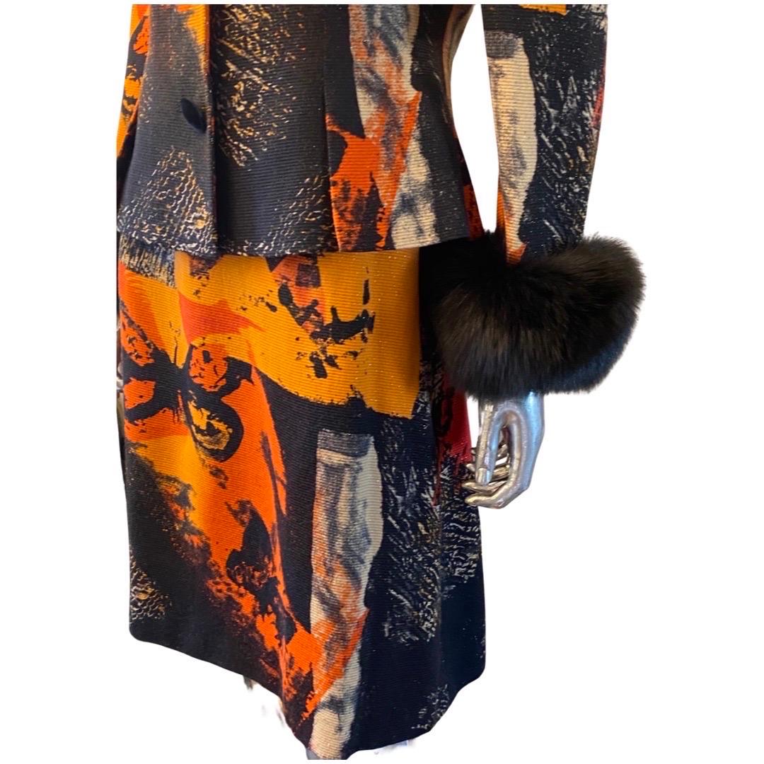 Costume 2 pièces Louis Fraud Allemagne imprimé abstrait métallique avec poignets en fourrure Taille 10 en vente 3