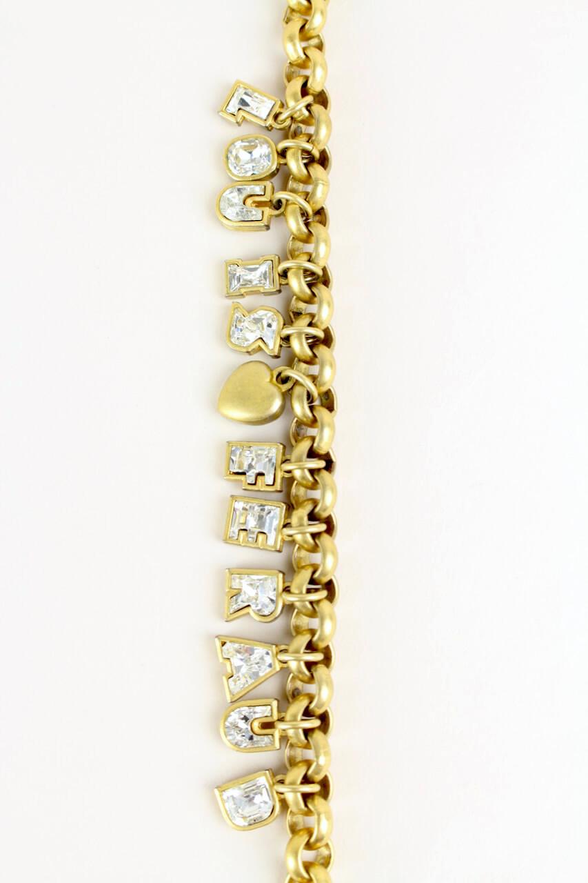 LOUIS FERAUD Gold Tone Rhinestone Filled Charm Letters Necklace & Bracelet Set For Sale 4
