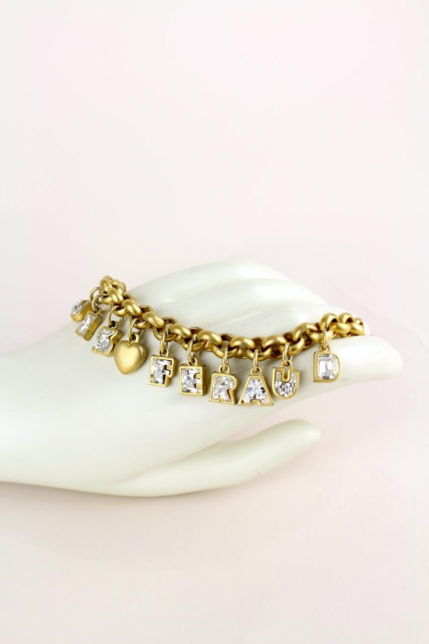 LOUIS FERAUD Gold Tone Rhinestone Filled Charm Letters Necklace & Bracelet Set For Sale 5