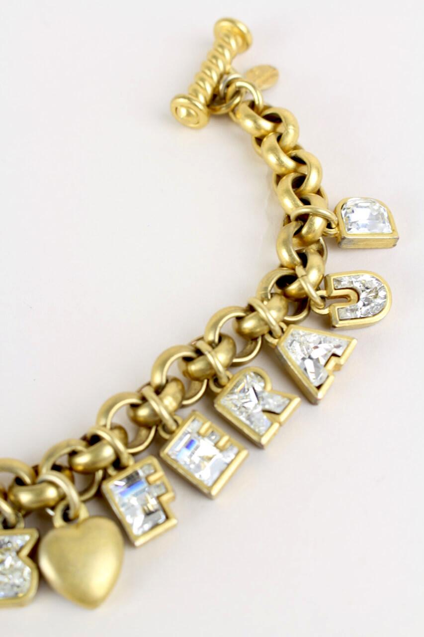LOUIS FERAUD Gold Tone Rhinestone Filled Charm Letters Necklace & Bracelet Set For Sale 6