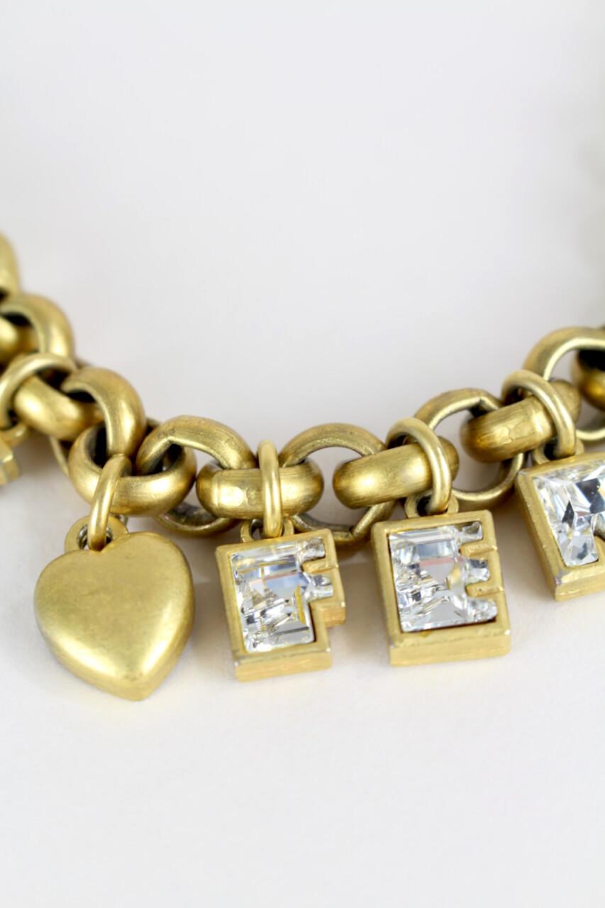 LOUIS FERAUD Gold Tone Rhinestone Filled Charm Letters Necklace & Bracelet Set In Excellent Condition For Sale In Munich, DE