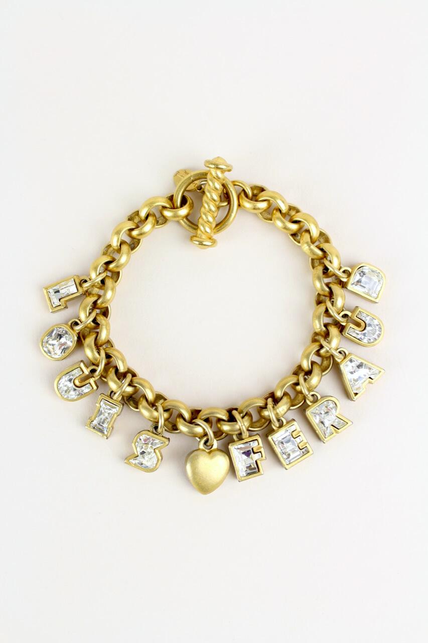LOUIS FERAUD Gold Tone Rhinestone Filled Charm Letters Necklace & Bracelet Set For Sale 1