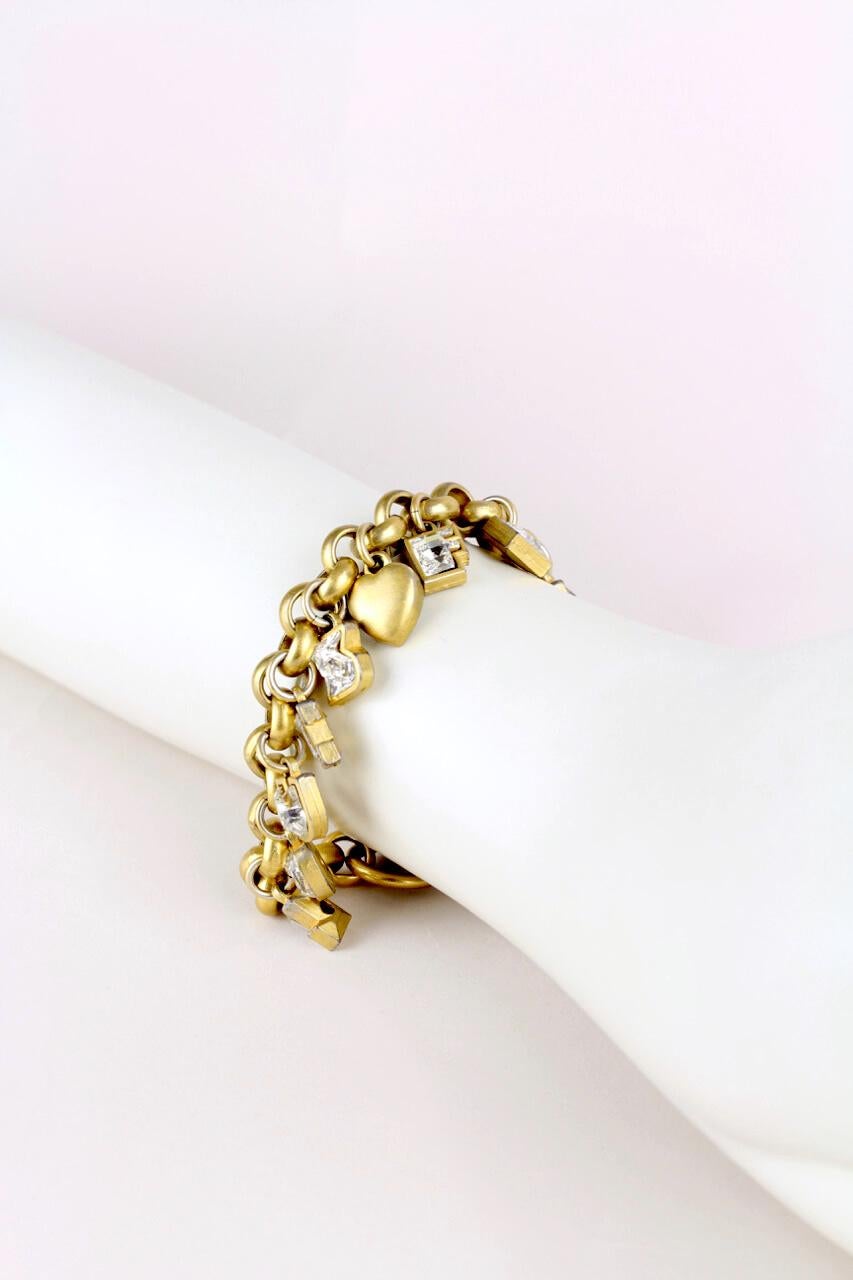 LOUIS FERAUD Gold Tone Rhinestone Filled Charm Letters Necklace & Bracelet Set For Sale 2