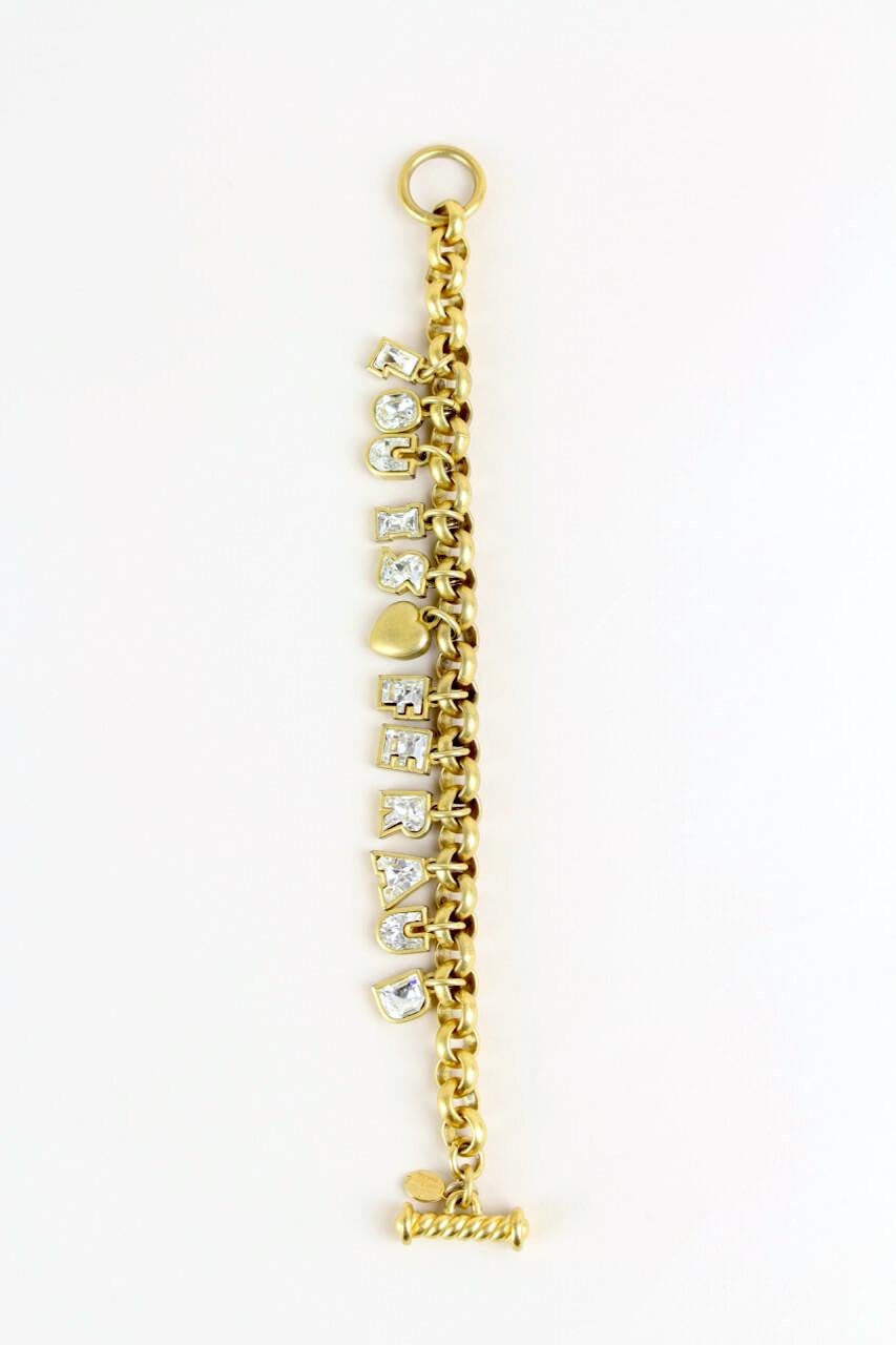 LOUIS FERAUD Gold Tone Rhinestone Filled Charm Letters Necklace & Bracelet Set For Sale 3