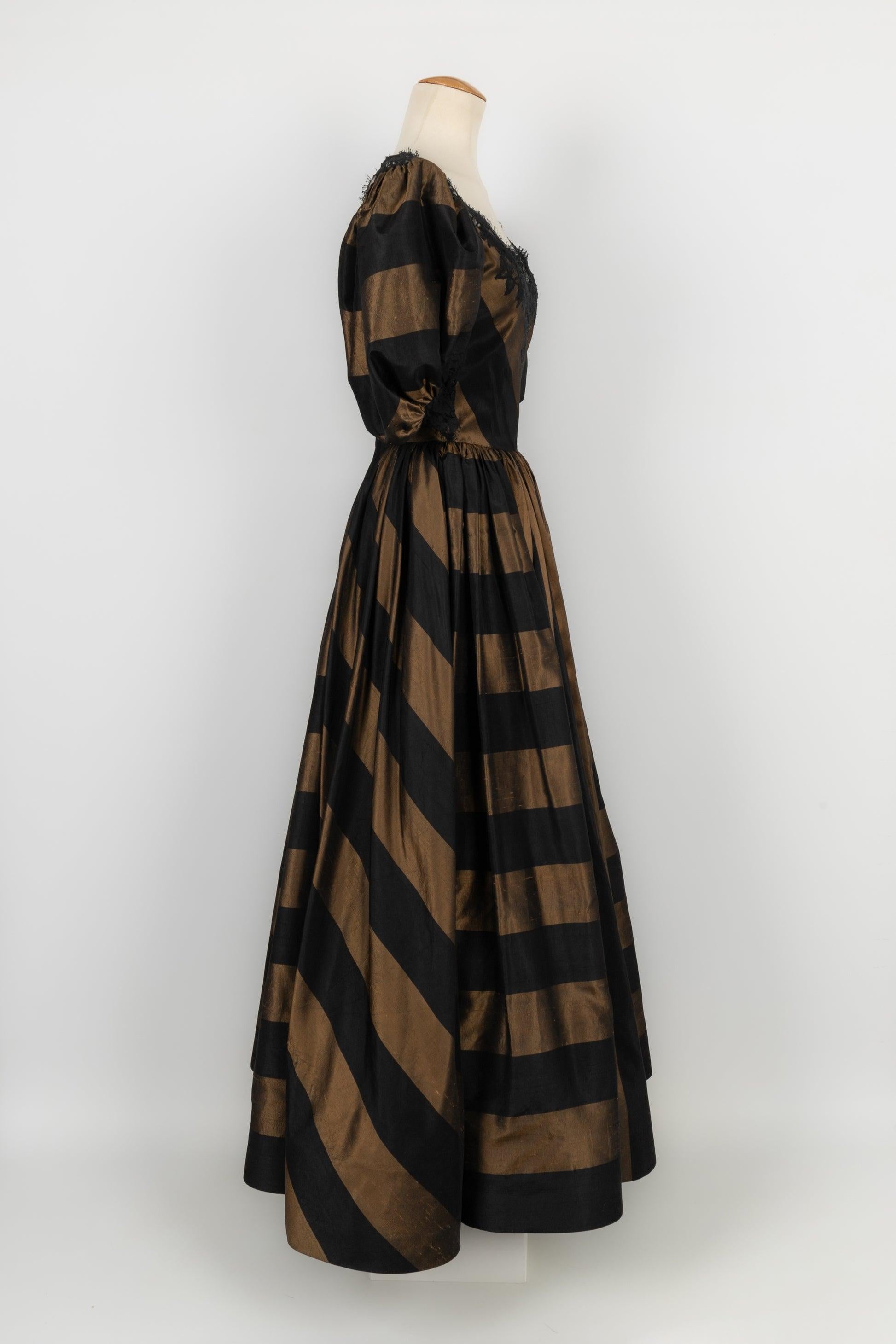 Louis Féraud Haute Couture Black and Brown Silk Taffeta Dress In Good Condition For Sale In SAINT-OUEN-SUR-SEINE, FR