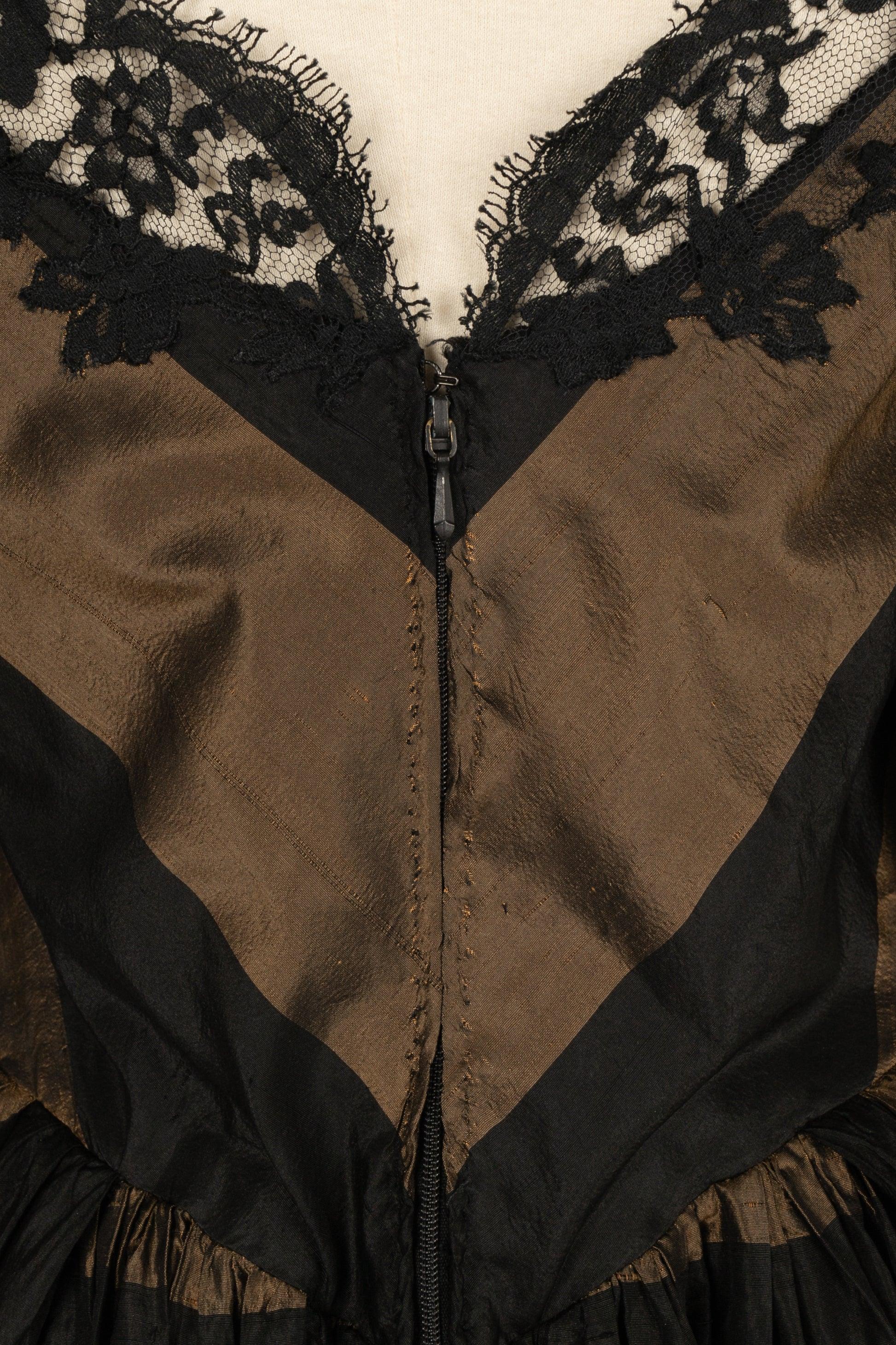 Louis Féraud Haute Couture Black and Brown Silk Taffeta Dress For Sale 4