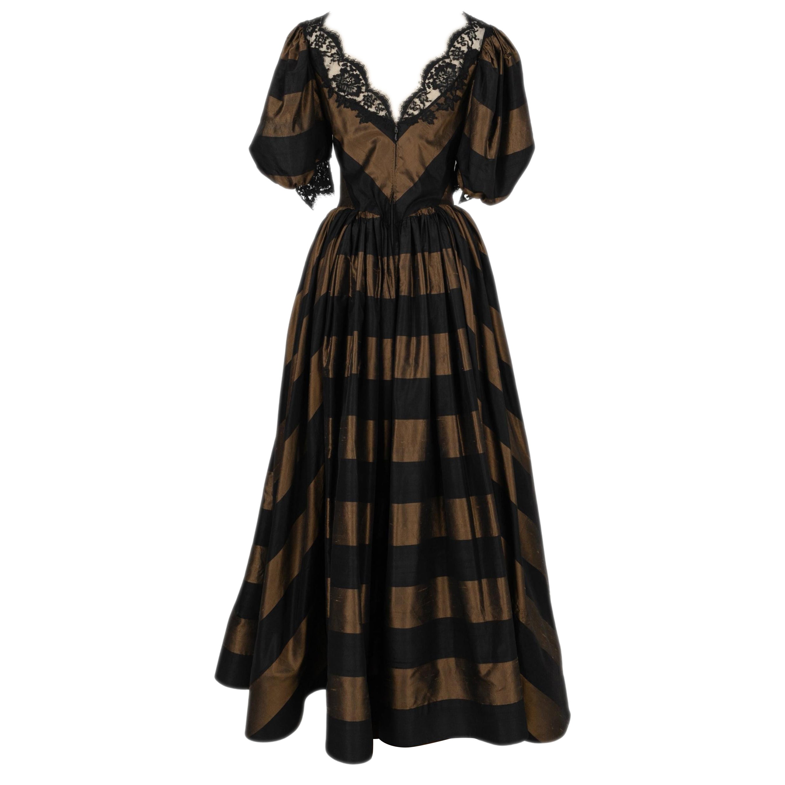 Louis Féraud Haute Couture Black and Brown Silk Taffeta Dress