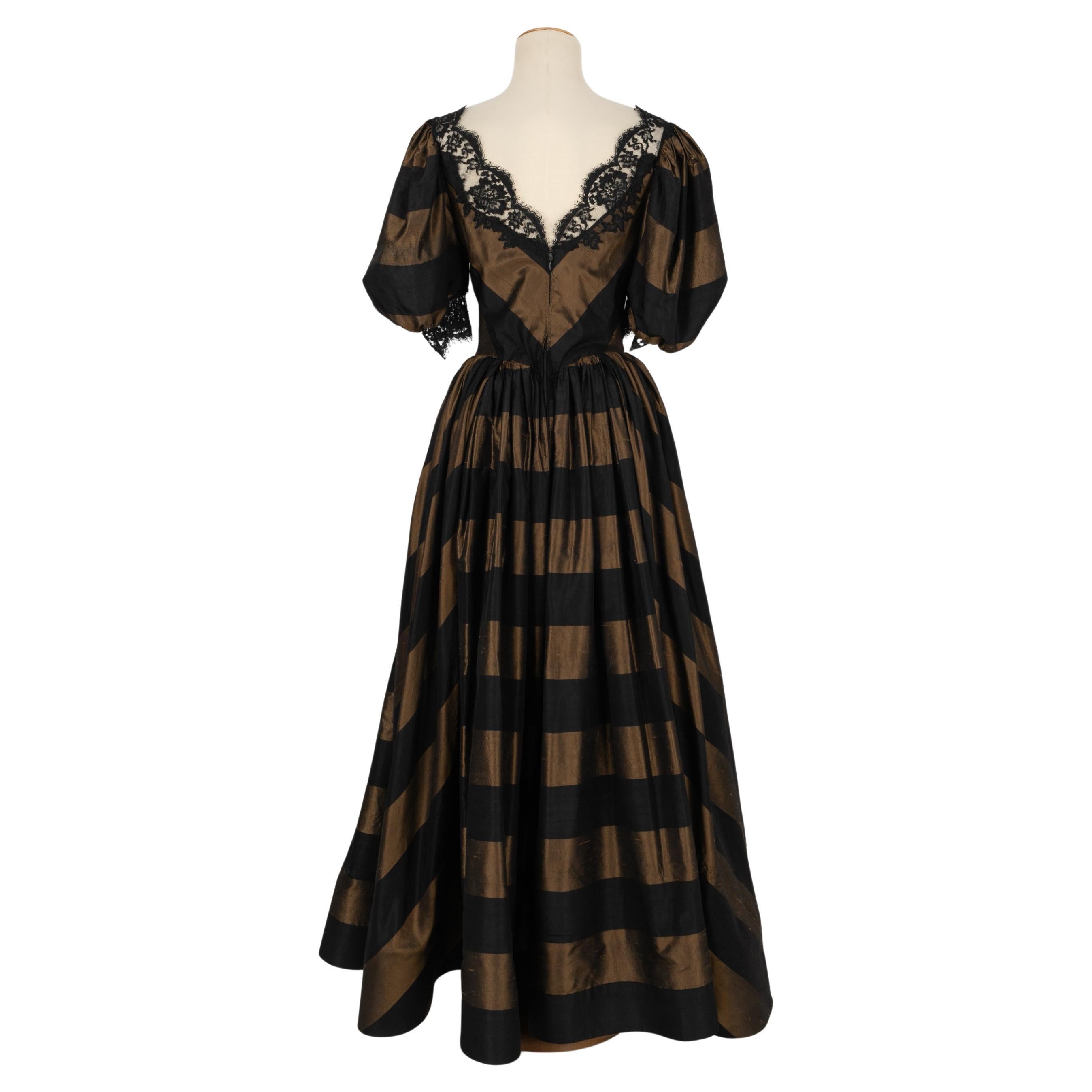Louis Féraud Haute Couture Black and Brown Silk Taffeta Dress For Sale