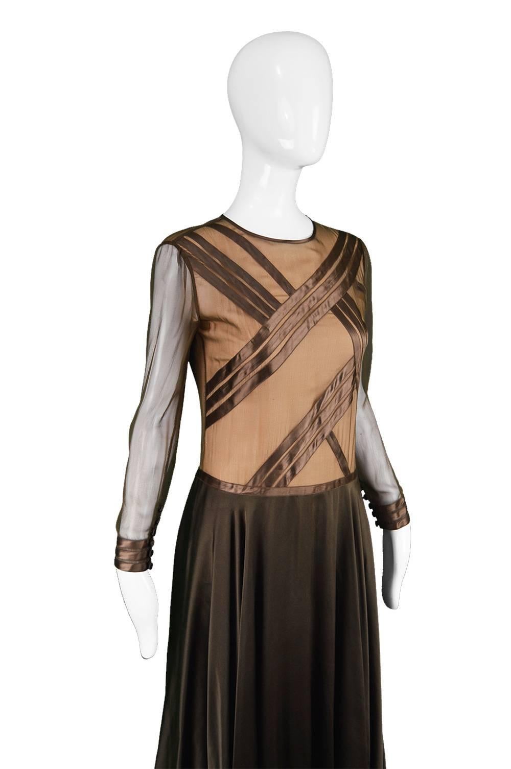Black Louis Feraud Haute Couture Brown Sheer Silk Chiffon / Bias Cut Satin Gown, 1970s