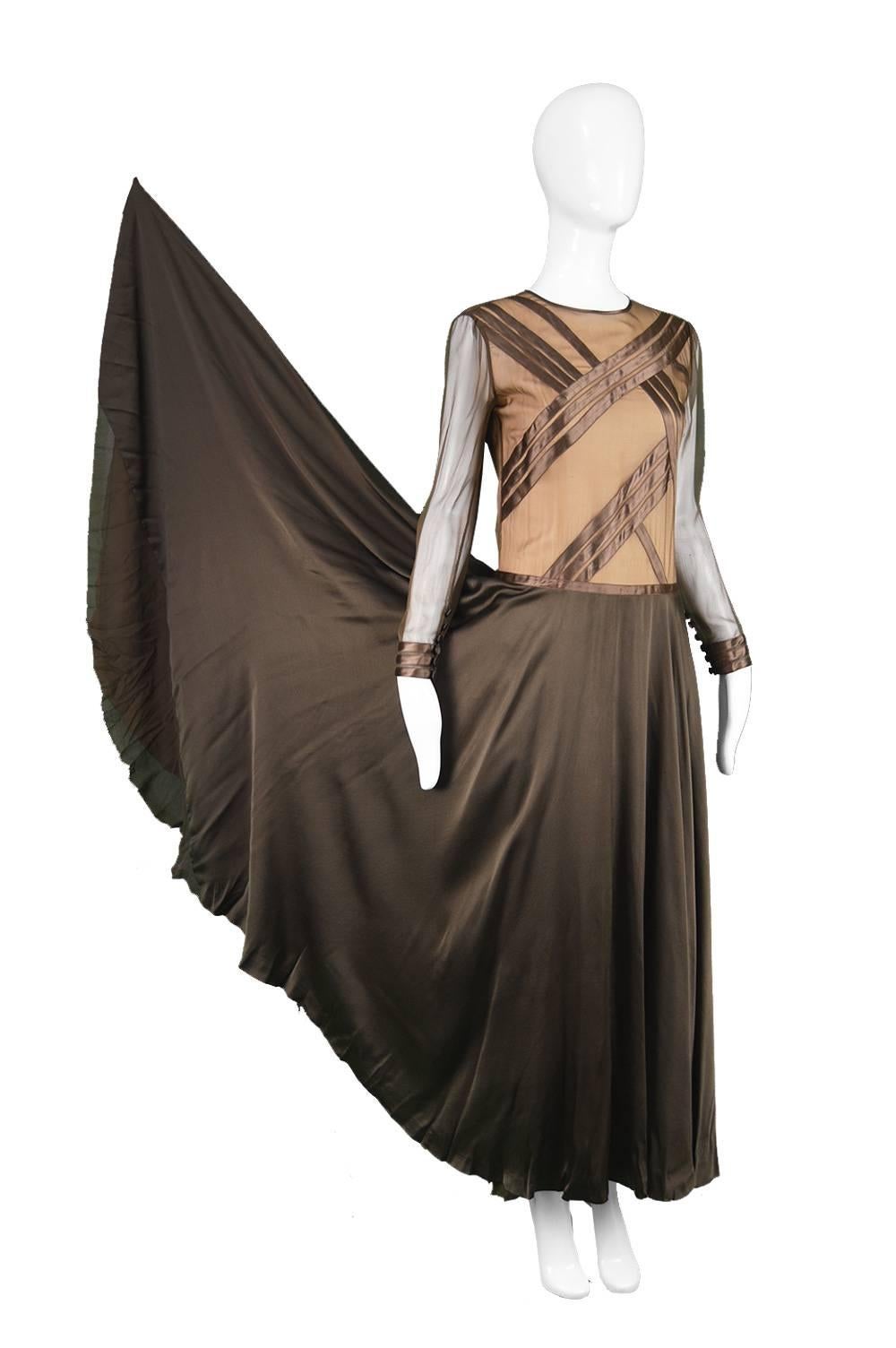 Louis Feraud Haute Couture Brown Sheer Silk Chiffon / Bias Cut Satin Gown, 1970s In Good Condition In Doncaster, South Yorkshire