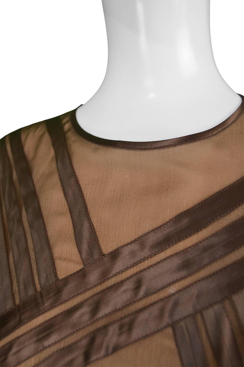 Women's Louis Feraud Haute Couture Brown Sheer Silk Chiffon / Bias Cut Satin Gown, 1970s