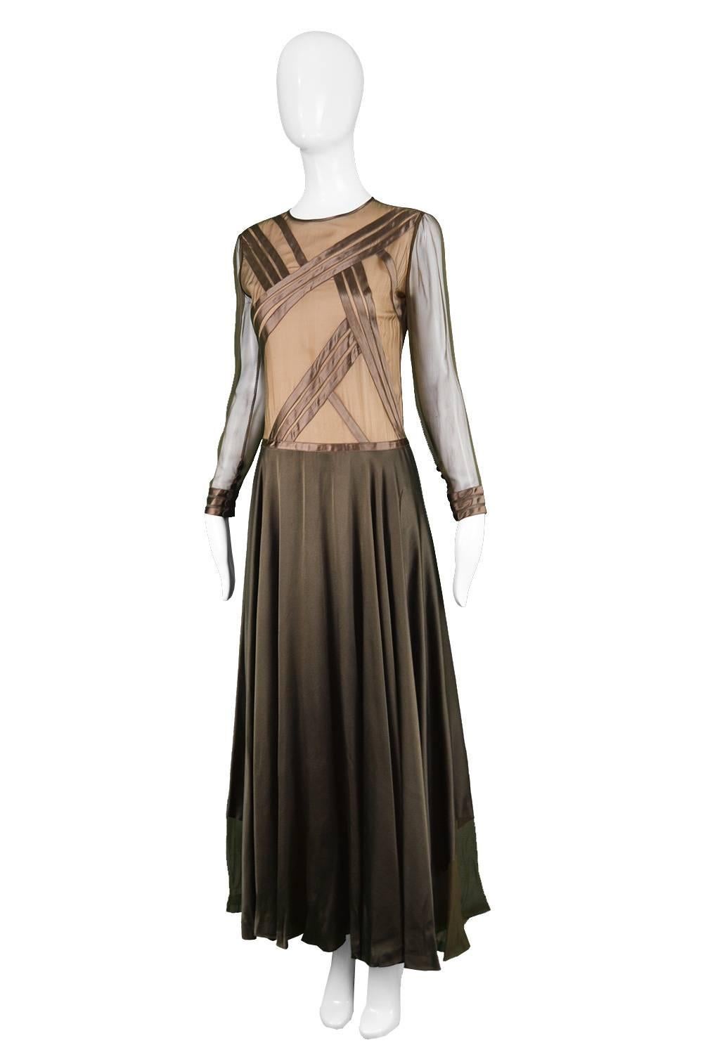 Louis Feraud Haute Couture Brown Sheer Silk Chiffon / Bias Cut Satin Gown, 1970s 1