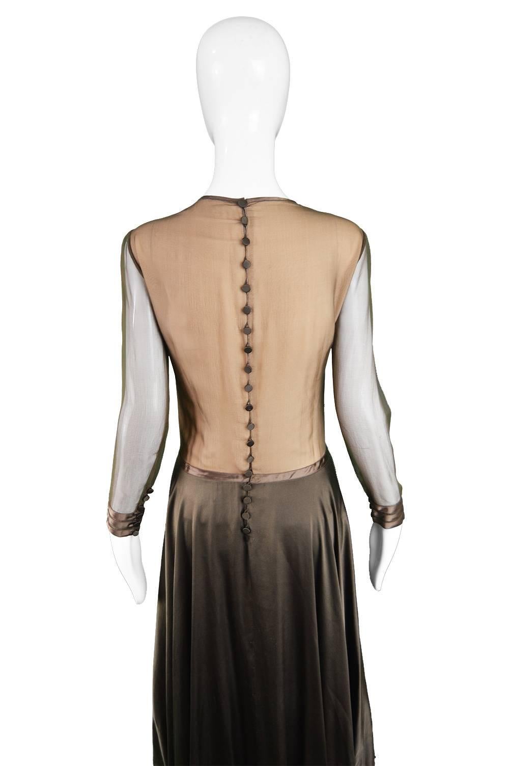 Louis Feraud Haute Couture Brown Sheer Silk Chiffon / Bias Cut Satin Gown, 1970s 2