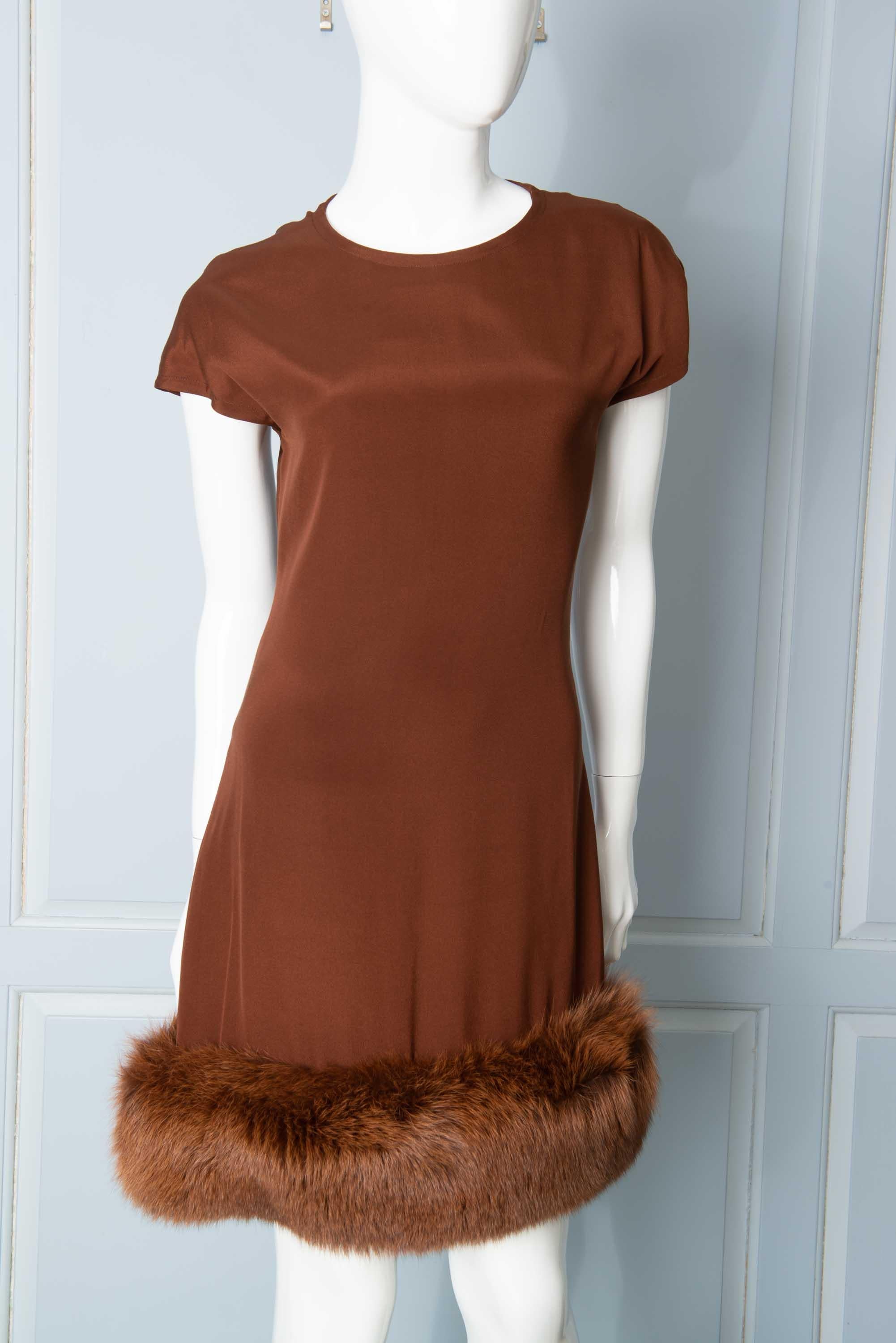 Louis Feraud Haute Couture Brown Silk, Cashmere, Fox Fur Dress and Coat 4