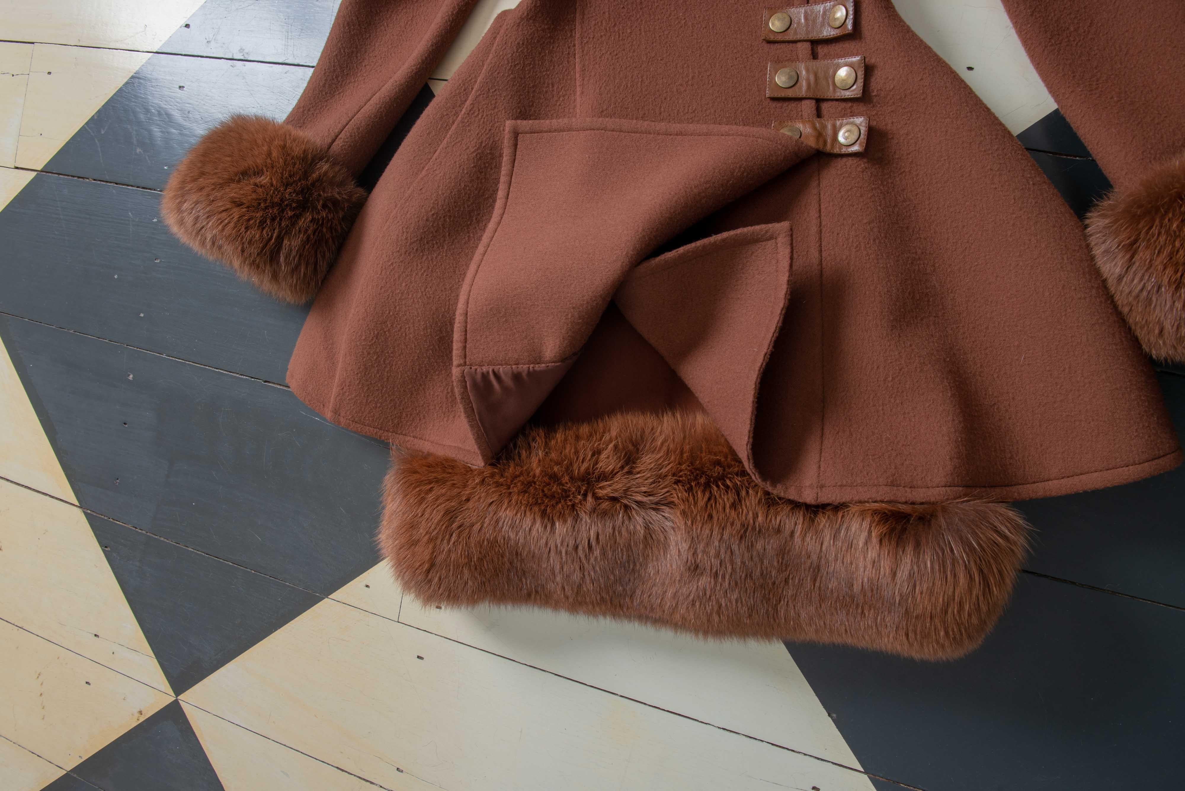 Louis Feraud Haute Couture Brown Silk, Cashmere, Fox Fur Dress and Coat 13