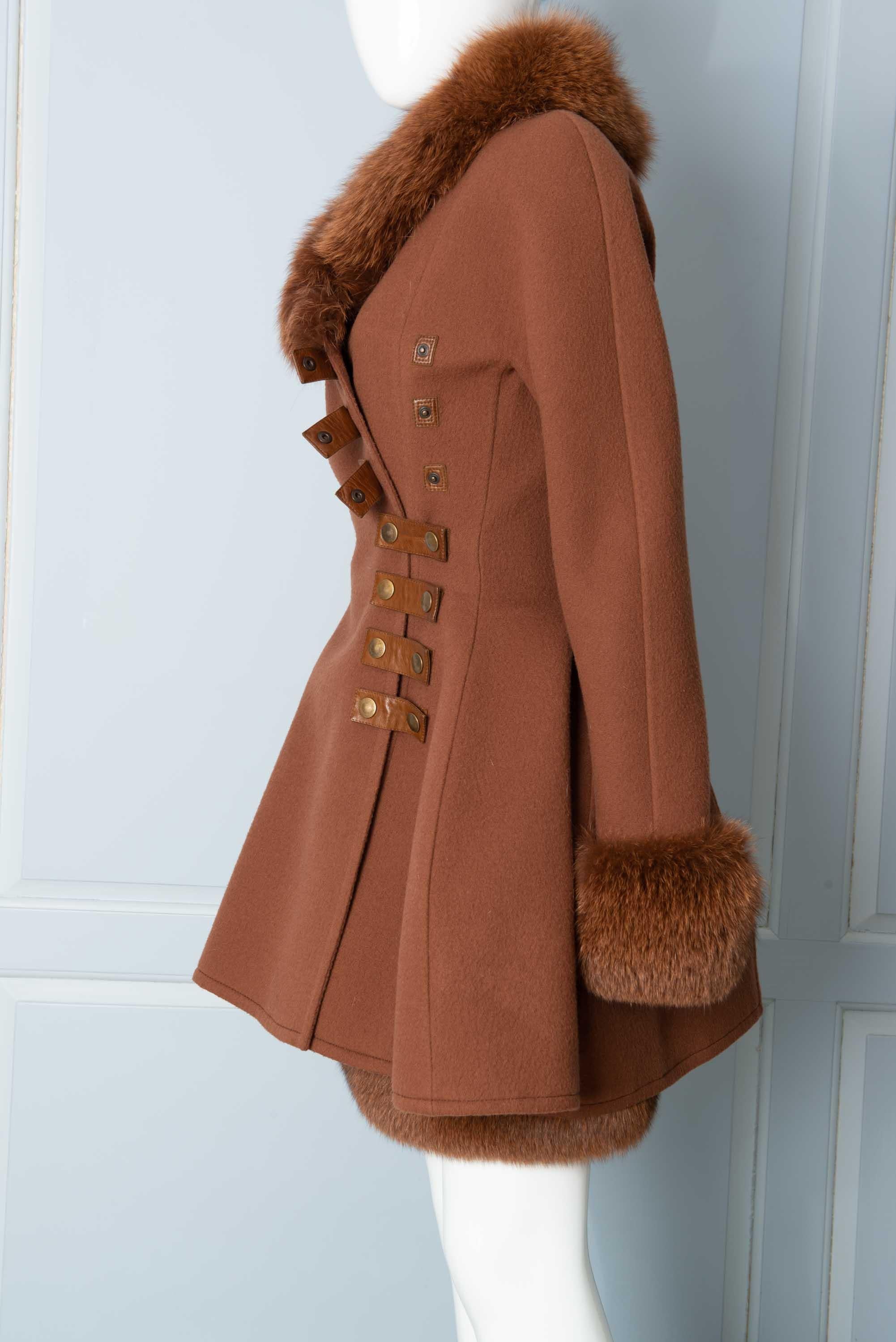 Women's Louis Feraud Haute Couture Brown Silk, Cashmere, Fox Fur Dress and Coat