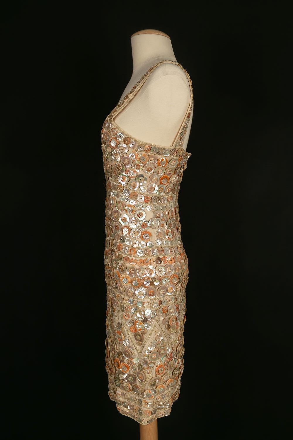 Louis Féraud Haute Couture Satin Dress Embroidered with Mother of Pearl Buttons For Sale 1