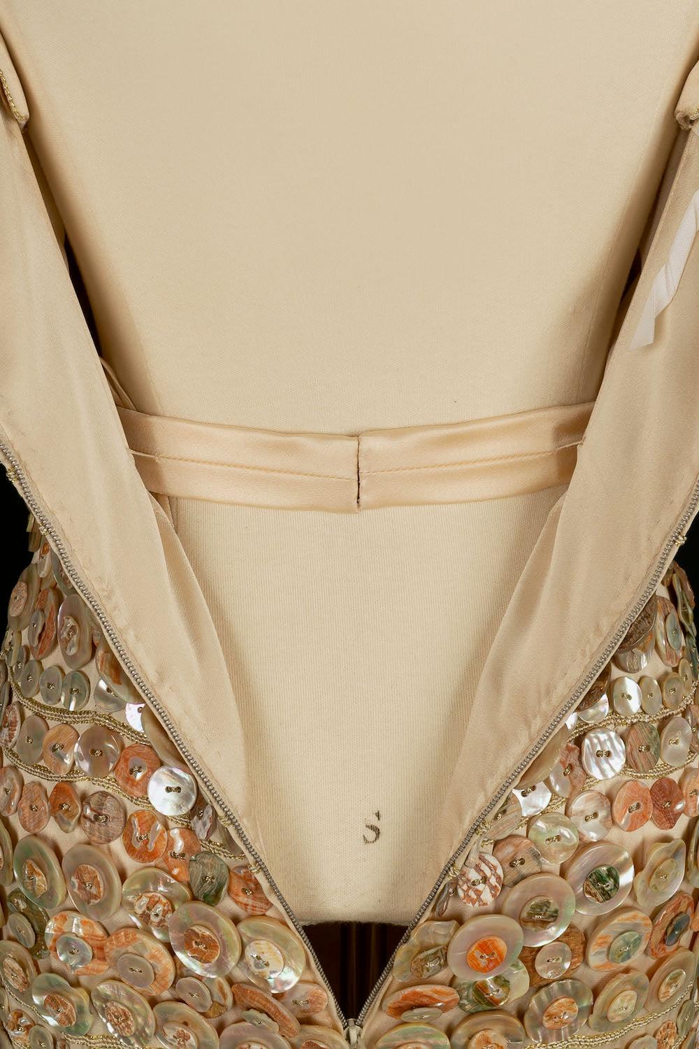 Louis Féraud Haute Couture Satin Dress Embroidered with Mother of Pearl Buttons For Sale 4