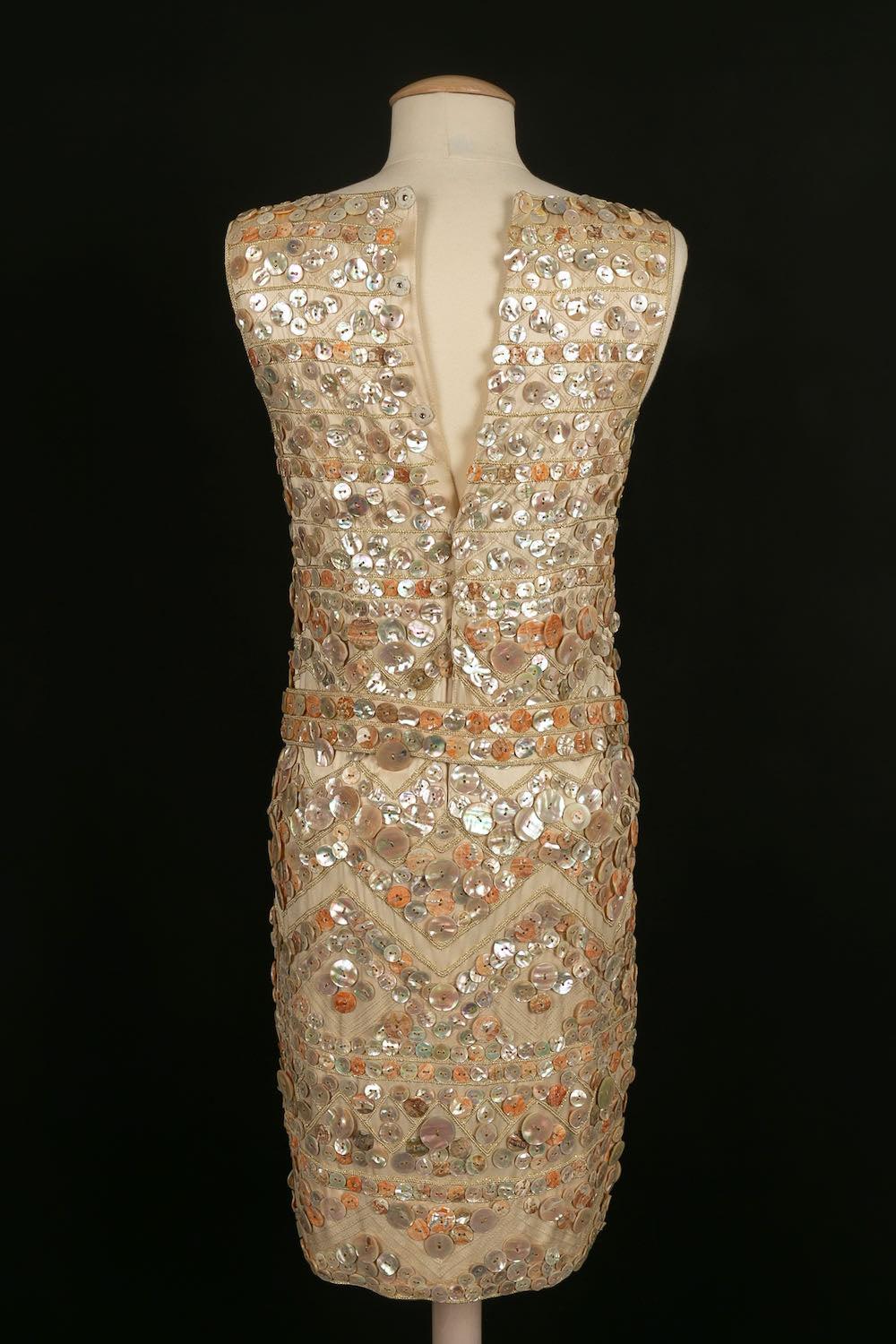Brown Louis Féraud Haute Couture Satin Embroidered Dress, 1991 For Sale