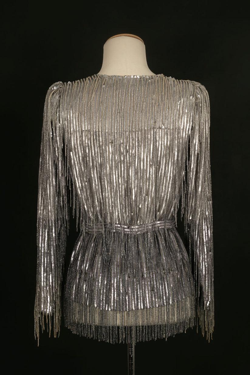 Gray Louis Féraud Haute Couture Top in Sequins and Pearl Bangs For Sale