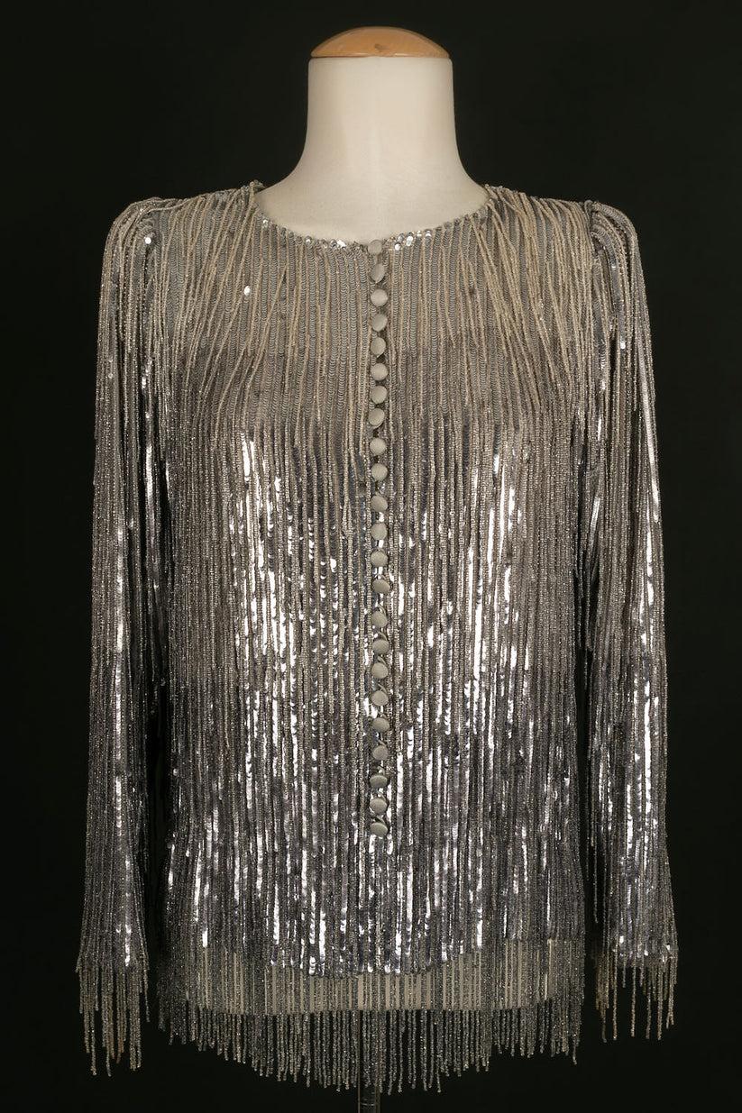 Women's Louis Féraud Haute Couture Top in Sequins and Pearl Bangs For Sale