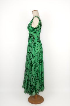 Louis Feraud Long Black and Green Muslin Printed Dress